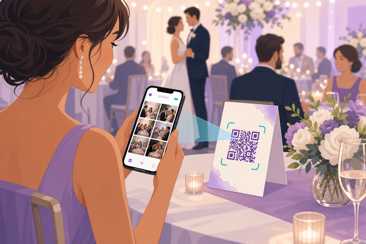婚禮場景示意：賓客掃描 QR 瀏覽 Snapbyte 相簿